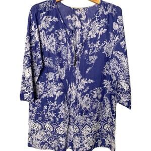 Soft Surroundings Top Women's Medium Peasant Pintuck Floral Embroidered Eyelet